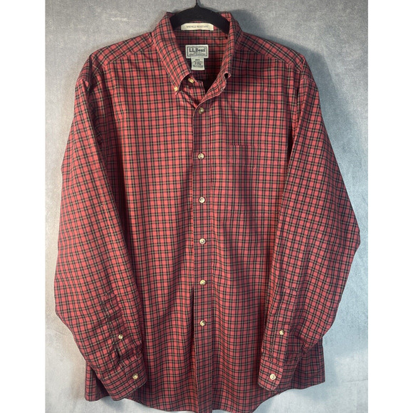 L.LBean Button Down‎ Shirt Men’s M Plaid Red Wrinkle Free - Picture 1 of 4